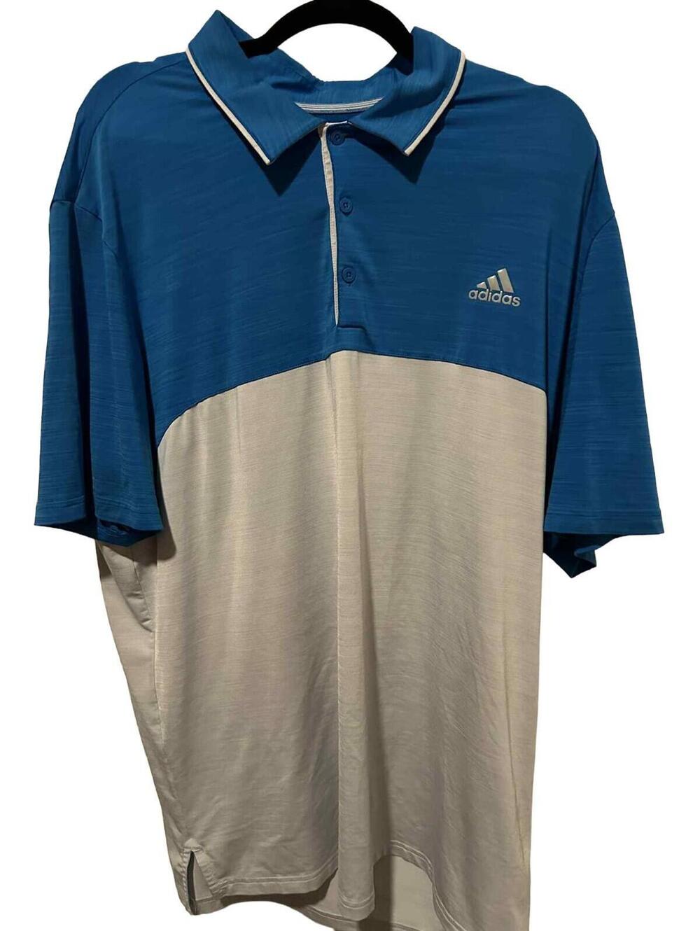 Adidas men's XL athletic golf polo blue and white button pocket performance line
